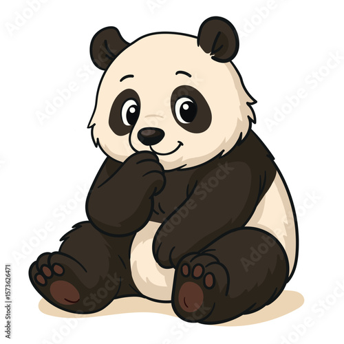 Adorable Cartoon Panda Cub Sitting Thoughtfully with Sweet Smile, Perfect for Wildlife Themes