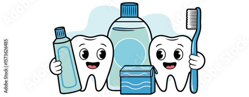 Happy cartoon teeth with toothbrush toothpaste mouthwash and floss for dental hygiene
