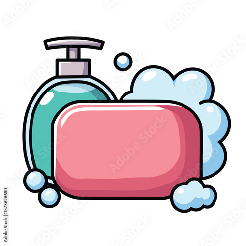 Illustration Vector Graphic Cartoon of Bar Soap and Liquid Soap Bottle