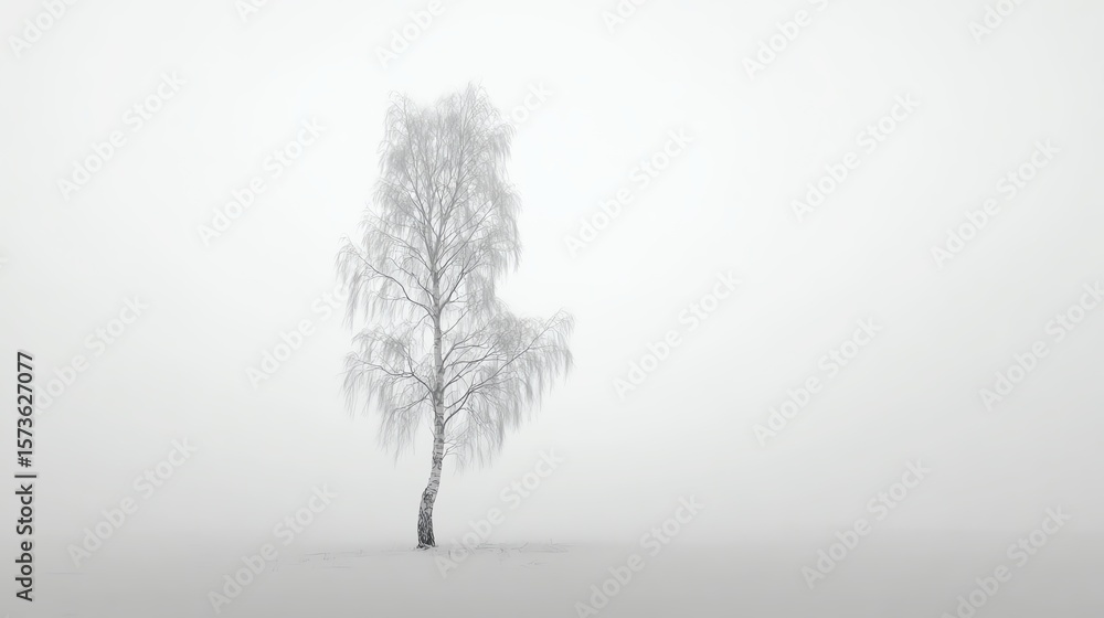 Fototapeta premium A solitary bare tree stands in a vast, snow-covered landscape under a foggy sky, evoking simplicity and solitude.