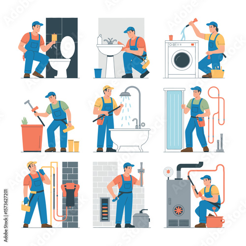 Plumber and Maintenance Worker Illustrated Set