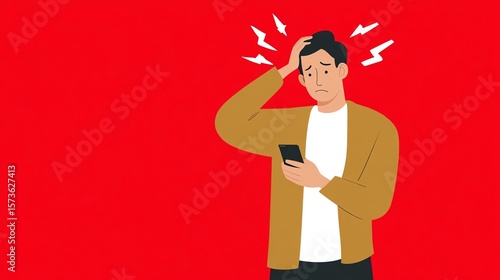 A worried man looks at his phone, scratching his head with stress or confusion, set against a bold red background.