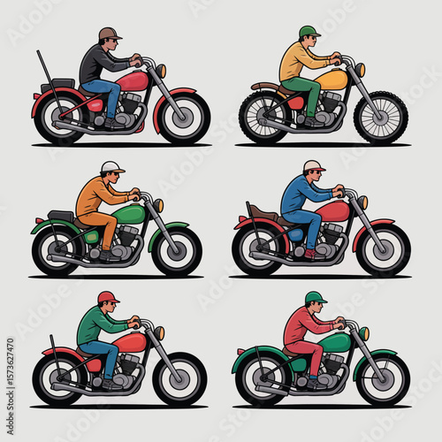 Cartoon Motorcyclists in Profile View