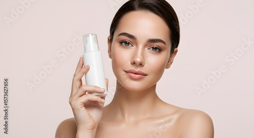 Beautiful Woman Holding Skincare Product Bottle