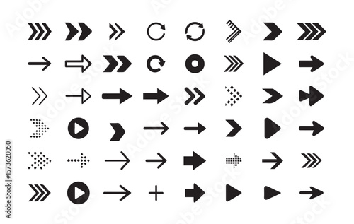 Black arrow icon collection featuring minimalist directional symbols, creative navigation signs, and trendy graphic arrows for digital design, user interface, and motion elements, EPS Pro