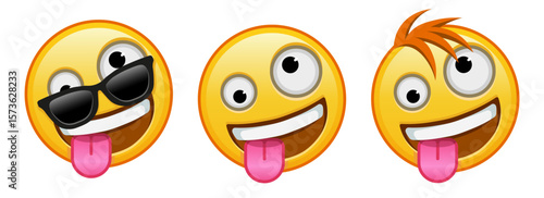 A grinning face with one large and one small eye Set of three emoji
