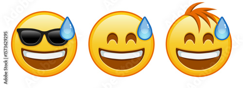 Smiling face in cold sweat with open mouth Set of three emoji