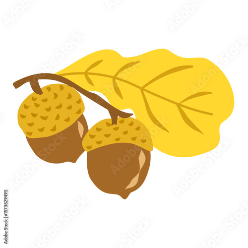 fall acorn and foliage illustration, golden oak nut and leaves, minimalist nature sticker collection