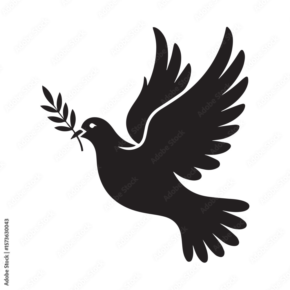 Obraz premium A black silhouette of a dove in flight, carrying an olive branch, symbolizing peace, hope, and new beginnings
