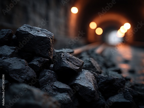 Close-Up of Coal Pile in Mine Shaft, Depicting Fossil Fuels and Energy