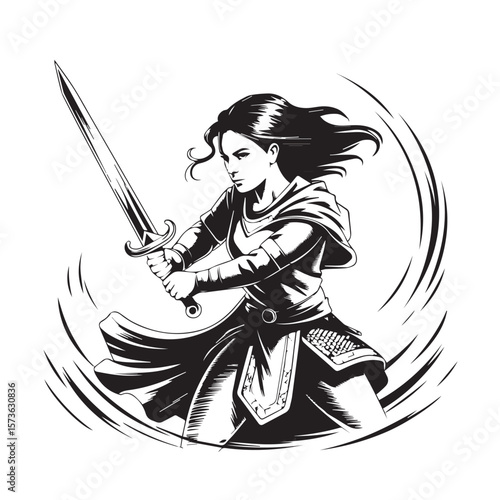 A determined female warrior with flowing hair wields a sword in a powerful stance, depicted in a striking black and white illustration