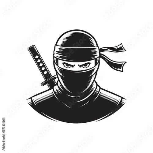 A fierce ninja warrior with a katana sword, wearing a mask and headband, depicted in a striking black and white illustration