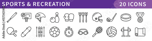 Sports and Recreation Icons Set, A collection of 20 digital icons representing various sports, fitness activities, and recreational equipment for active lifestyles.
