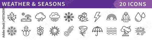 Weather and Seasons Icons Collection, A set of 20 digital icons representing various weather conditions, seasonal changes, and natural elements like rain, snow, and sun.
