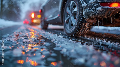 Icy road shows car's tire and another car with taillights, snow on the sides