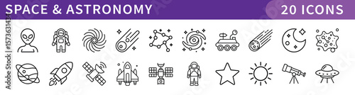 Set of 20 Space and Astronomy Vector Icons: Alien, Astronaut, Black Hole, Comet, Galaxy, Mars Rover, Meteor, Moon, Nebula, Planet, Rocket, Satellite, Spaceship, Star, Sun, Telescope, UFO