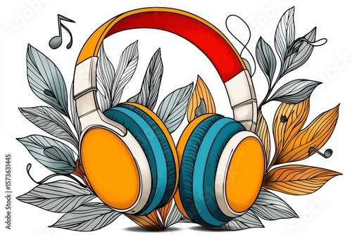 Orange and Blue Headphones Amidst Autumn Leaves and Musical Notes