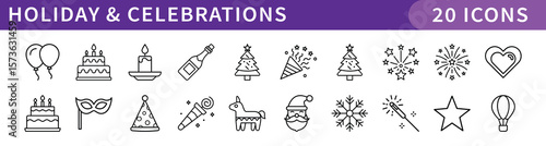 Holiday and Celebrations Icons Set, A collection of 20 digital icons representing various holidays, festive celebrations, and party decorations for special occasions.
