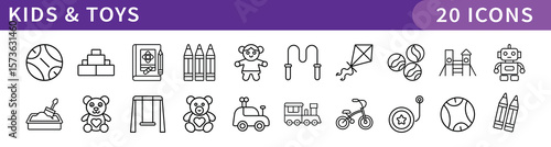 Kids and Toys Icons Collection, A set of 20 digital icons representing children's toys, games, and playtime activities for young kids and family fun.
