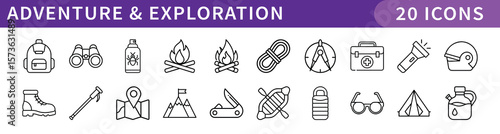 Adventure and Exploration Icons Set, A collection of 20 digital icons representing outdoor adventures, exploration gear, and tools for adventurous activities and expeditions.
