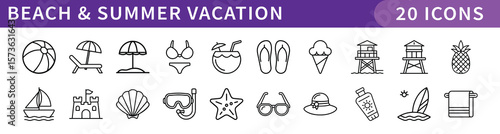 Beach and Summer Vacation Icons Set, A collection of 20 icons representing beach and summer vacation essentials, including swimsuits, ice cream, beach balls, and sun hats.
