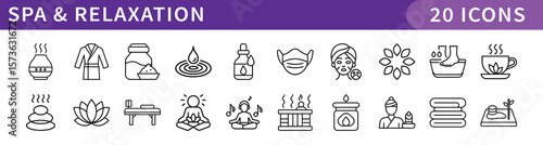 Spa and Relaxation Icons Set, A collection of 20 icons representing spa and relaxation, including soothing treatments, essential oils, candles, and wellness activities.
