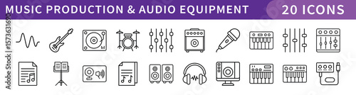 Music Production and Audio Equipment Icons Set, A collection of 20 icons representing music production and audio equipment, including guitars, microphones, mixers, and audio files.
