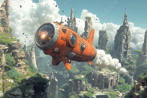 Orange Spaceship Ascending Over a Mountainous Ruin Landscape