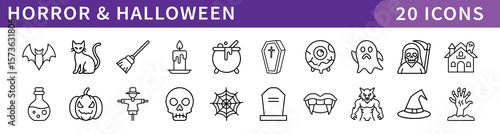 Horror and Halloween Icons Set, A collection of 20 icons representing horror and Halloween themes, including pumpkins, ghosts, bats, witches, and spooky symbols.
