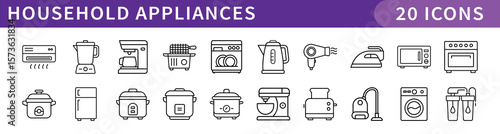 Set of 20 household appliances vector line icons including air conditioner, blender, coffee maker, toaster, oven, refrigerator, washing machine, and vacuum cleaner for web and mobile design.