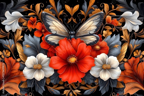 Ornate Floral Arrangement with Butterfly Red and White Flowers, Gold Accents on Black