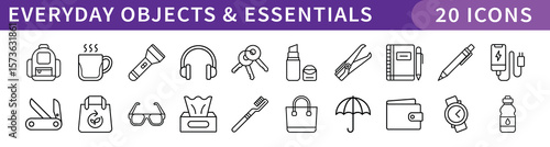 Everyday Objects and Essentials Icons Set, A collection of 20 icons representing everyday objects and essentials, including items like backpacks, coffee mugs, headphones, and umbrellas.
