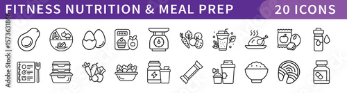 Fitness Nutrition and Meal Prep Icons Set, A collection of 20 icons representing fitness nutrition and meal preparation, including healthy foods, meal containers, and nutritional tools.
