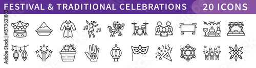 Festival and Traditional Celebrations Icons Set, A collection of 20 icons representing festivals and traditional celebrations, including cultural symbols, decorations, music, and festivities.
