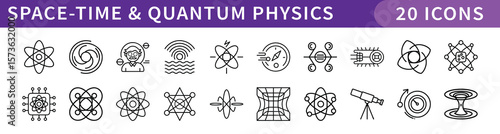 Space-Time and Quantum Physics Icons Set, A set of 20 icons representing concepts from space-time, quantum physics, including atoms, particles, waves, and telescopes.

