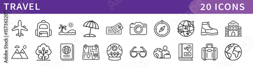 Travel Icons Set with Adventure and Exploration Symbols, A set of 20 travel-themed icons, including symbols for adventure, destinations, luggage, and exploration in a minimalist design.
