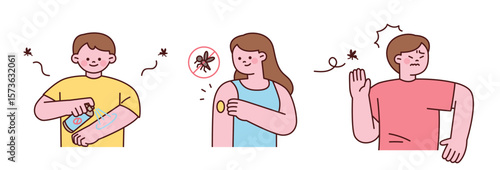 Children using mosquito repellent spray, insect patch, and hand gestures to keep mosquitoes away. Summer pest protection illustration.