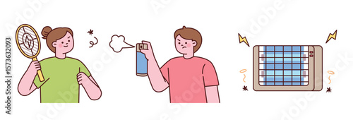 People using electric mosquito swatter, insect spray, and bug zapper to get rid of mosquitoes. Summer pest control illustration.