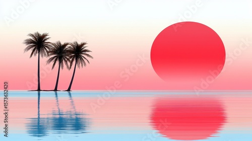 Pink and Orange Sunset over Calm Ocean with Three Palm Trees