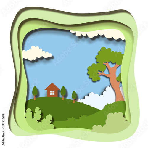 summer landscape illustration with bright sky and cutout style hills