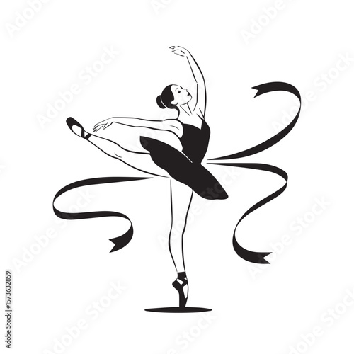 An elegant silhouette of a ballerina in a graceful pose with outstretched arms and a leg extended, adorned with flowing ribbons, isolated on a white background