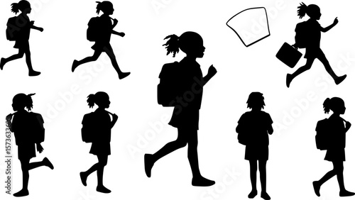African American Girl with School Bag Silhouette Vector