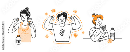 Vector illustration featuring diverse characters promoting health. A woman takes omega supplements, a man shows strength, and a girl enjoys a refreshing drink. Simple design.