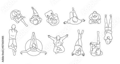 Simple line art illustration showing top views of people. Various poses including sitting, lying, and stretching. Minimalist style with a focus on geometric shapes.