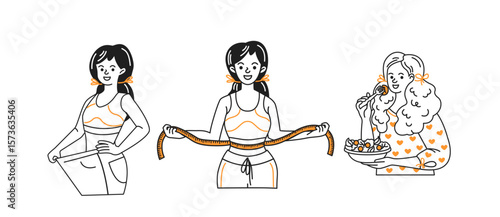 Series of three women in cartoon style. First is holding oversized pants, second with tape measure around waist, third is enjoying healthy salad. Black, white, and orange palette.