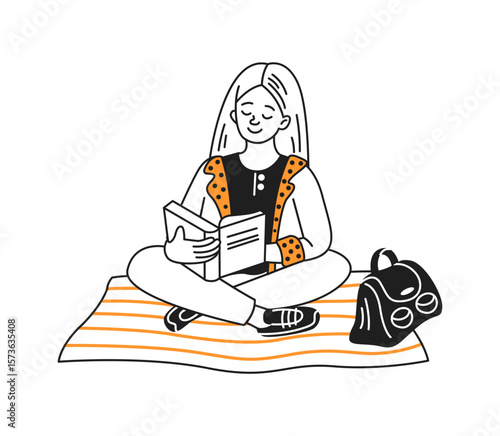 Illustration of a girl with long hair sitting crosslegged. Reading a book with a calm expression. Set on a striped blanket with a backpack beside her.