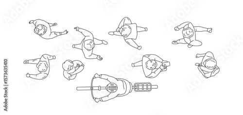Line drawing of people viewed from above. Various individuals in casual outfits surround a person on a scooter on white background. Illustrative style.
