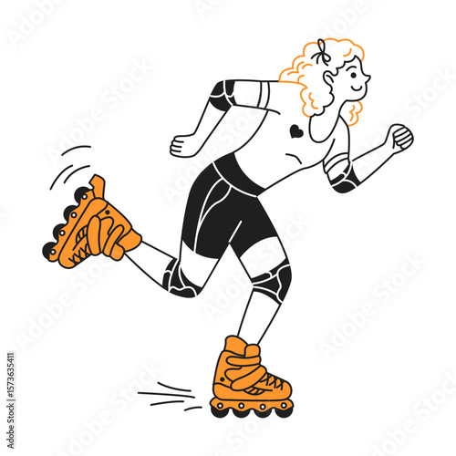 Energetic woman rollerblading with a joyful expression in a minimalist style. Black and orange colors highlight her casual and active lifestyle.