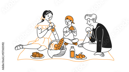 Illustration of a cheerful family enjoying a picnic with drinks and snacks. Kids and adults seated on a blanket with food basket. Minimalist style with orange accents.