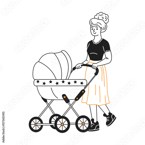 Illustration of a woman pushing a baby stroller in a minimalist design. She looks content and stylish. Black, white, and orange colors add to the modern aesthetic.